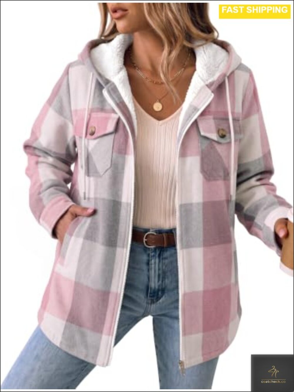 Womens Plaid Fleece Lined Hooded Shacket Winter Coat Full Zip